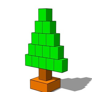 以下が含まれることがあります： スタイリッシュでピクセル化されたクリスマスツリーのイラスト。木は積み重ねられた緑色のブロックで構成され、茶色の幹とオレンジ色のベースがあります。影が右に落ち、光源を示唆しています。