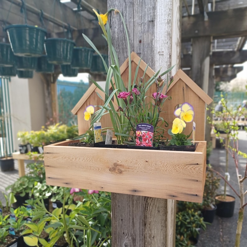 Op de afbeelding: Een houten plantenbak met een huisvormig ontwerp, met verschillende bloemen, waaronder gele narcissen, roze anjers en paars-gele viooltjes. De plantenbak is bevestigd aan een houten paal.