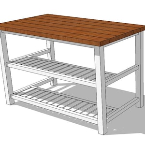 以下が含まれることがあります： 茶色のスラットトップと2つのスラット棚を備えた木製のキッチンアイランド。フレームは白です。島は長方形で、木材で作られているようです。
