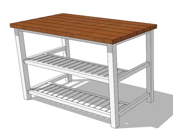 Puede incluir: Isla de cocina de madera con una tapa de listones marrón y dos estantes de listones. El marco es blanco. La isla es rectangular y parece estar hecha de madera.
