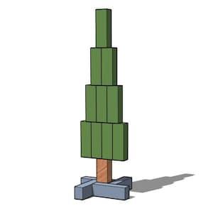 May include: A stylized, green, geometric tree with a brown trunk and a gray base. The tree's form is constructed from stacked rectangular blocks, creating a modern, minimalist design. The base is a cross-shaped structure.