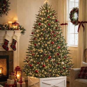 Puede incluir: Un árbol de Navidad decorado con adornos rojos y dorados, piñas y luces, coronado por una estrella dorada. El árbol está en una caja de madera blanca. La habitación cuenta con chimenea, calcetines y una corona, creando un ambiente festivo.