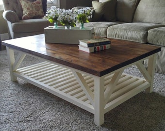 Rustic Farmhouse Coffee Table Plan, 10 page Step by Step woodworking plan, Fun woodworking project. Beginner woodworking plan,