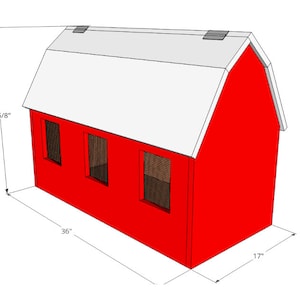 May include: A red wooden barn with a white roof and three windows. The barn is 36 inches wide, 17 inches deep, and 26 5/8 inches tall.