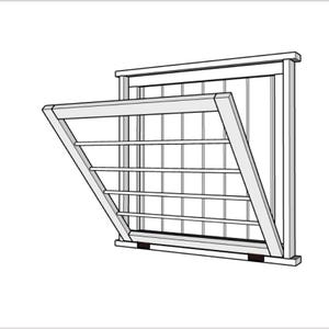 May include: A white, wall-mounted clothes drying rack with a rectangular frame and multiple horizontal bars. The rack is partially open, revealing the grid structure for hanging clothes. The design is simple and functional, suitable for laundry rooms or small spaces.