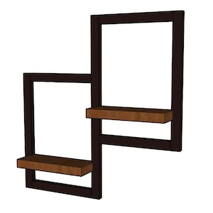 May include: A black metal wall shelf with two wooden shelves. The shelves are rectangular and have a brown finish.