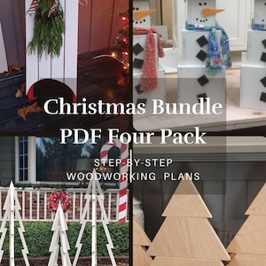 May include: A digital download of four step-by-step woodworking plans for Christmas decorations. The plans include a sled, snowman, and two different styles of Christmas trees.