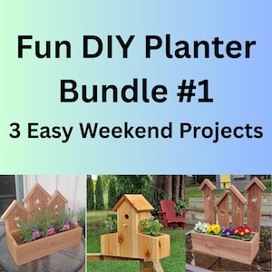 Könnte beinhalten: Das Bild zeigt drei DIY-Pflanzkübel-Projekte aus Holz. Der Text oben lautet "Fun DIY Planter Bundle #1 3 Easy Weekend Projects". Die Pflanzkübel sind rechteckig und in Form von Vogelhäusern gehalten und mit bunten Blumen und Grün gefüllt.