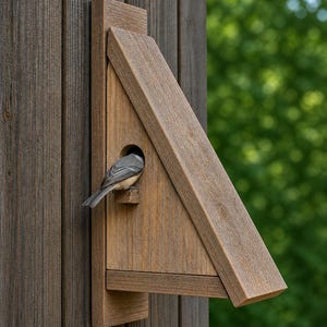 Könnte beinhalten: Ein braunes Vogelhaus aus Holz mit dreieckigem Design und kleinem rundem Eingang. Ein kleiner Vogel sitzt im Vogelhaus. Das Vogelhaus ist an einer Holzwand befestigt, mit einem verschwommenen grünen Hintergrund.