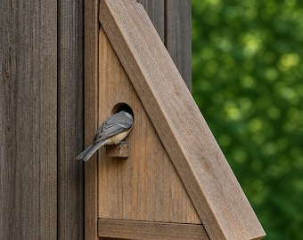 May include: A brown wooden birdhouse with a triangular design and a small round entrance. A small bird is perched inside the birdhouse. The birdhouse is mounted on a wooden wall, with a green, blurred background.