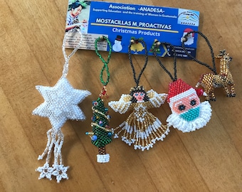 Set of 5 Hand-beaded Christmas Ornaments from Women's Cooperative in Guatemala