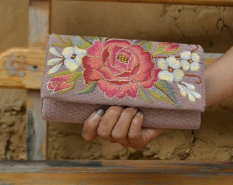 Handmade, Fairtrade Mexican Lilac Purple Rose Design Wallet Clutch for Women