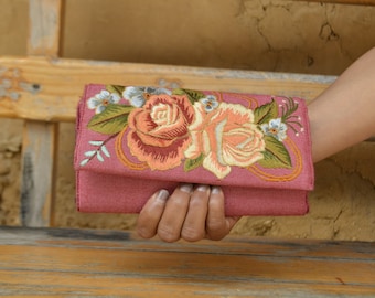 Handmade, Fairtrade Mexican Coral Rose Wallet Clutch for Women