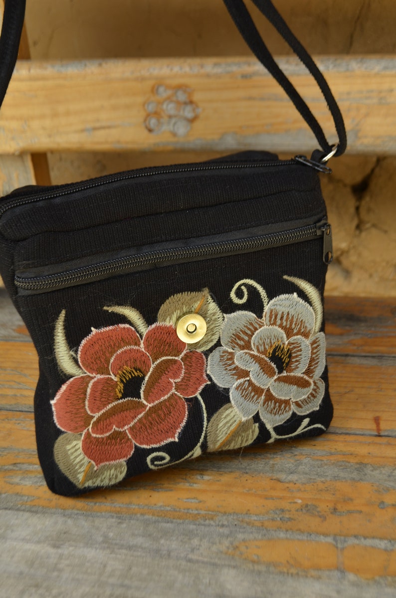 Handmade Mexican Floral Embroidered Black Over-the-shoulder Purse, Fairtrade, Women's Cooperative, Boho-Chic, image 6