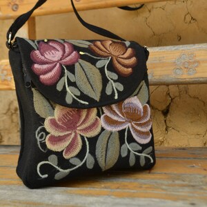 Handmade Mexican Floral Embroidered Black Over-the-shoulder Purse, Fairtrade, Women's Cooperative, Boho-Chic, Brown