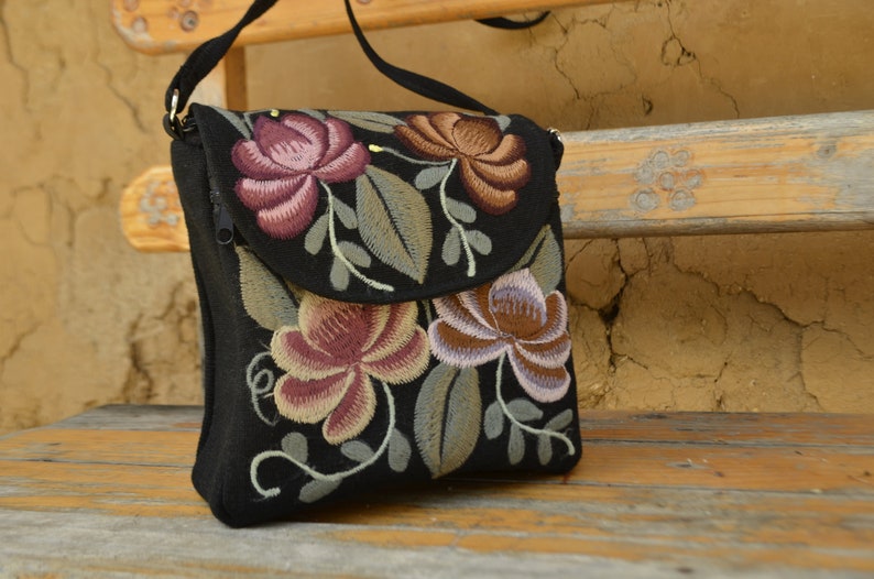 Handmade Mexican Floral Embroidered Black Over-the-shoulder Purse, Fairtrade, Women's Cooperative, Boho-Chic, Brown