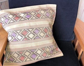 Handwoven and Embroidered Pillow Cover: Beige with Red and Black Geometric Patterns