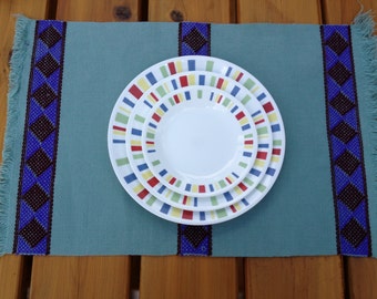 Handwoven and Embroidered Placemat - Teal/Purple Accent