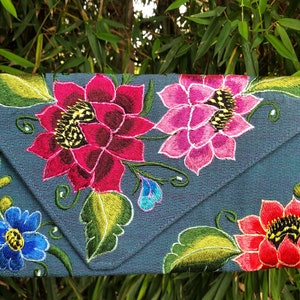 Embroidered floral envelope clutch, fairtrade, handmade in Chiapas Mexico by Mayan women's weaving cooperative Slate (grayish blue)