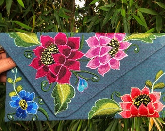 Embroidered floral envelope clutch, fairtrade, handmade in Chiapas Mexico by Mayan women's weaving cooperative