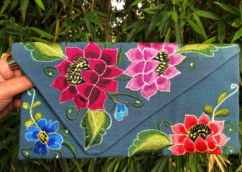 Embroidered floral envelope clutch, fairtrade, handmade in Chiapas Mexico by Mayan women's weaving cooperative Slate (grayish blue)