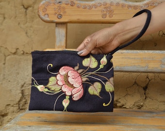 Navy Wristlet or Makeup Bag with Embroidered Flowers Handmade by Women's Fairtrade Cooperative in Mexico