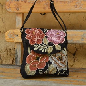 Handmade Mexican Floral Embroidered Black Over-the-shoulder Purse, Fairtrade, Women's Cooperative, Boho-Chic, Pink