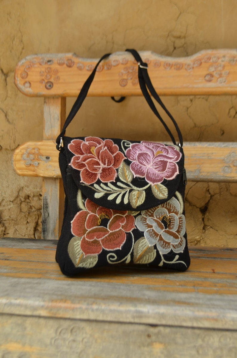 Handmade Mexican Floral Embroidered Black Over-the-shoulder Purse, Fairtrade, Women's Cooperative, Boho-Chic, Pink
