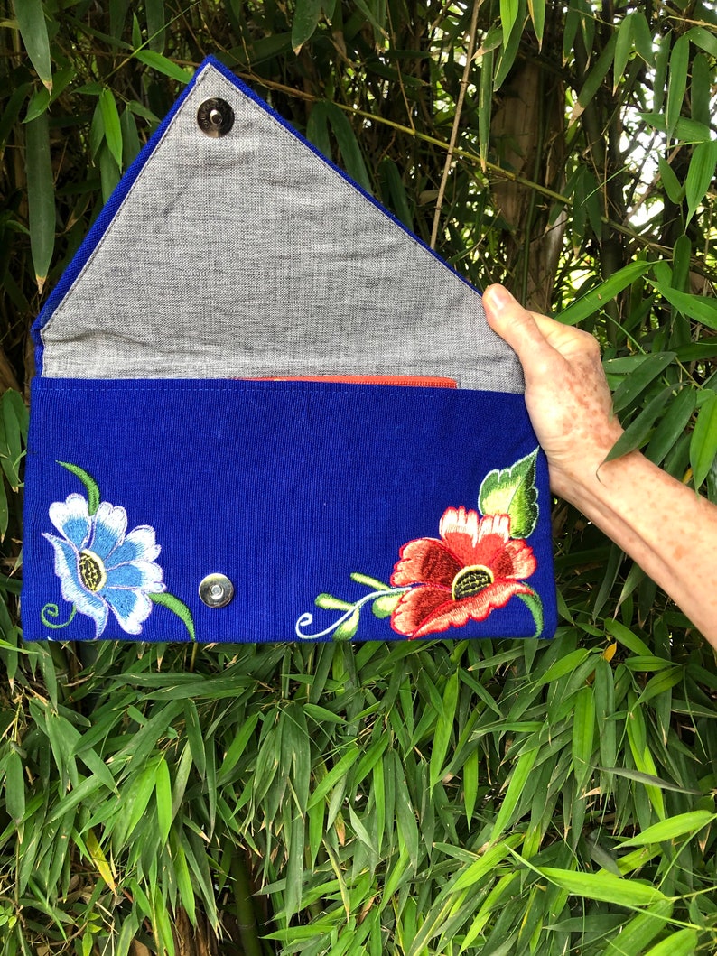 Embroidered floral envelope clutch, fairtrade, handmade in Chiapas Mexico by Mayan women's weaving cooperative image 4