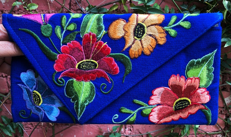 Embroidered floral envelope clutch, fairtrade, handmade in Chiapas Mexico by Mayan women's weaving cooperative Royal Blue