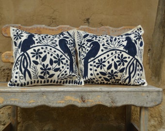 Handmade Mexican Navy and Beige Jungle Design Pillow Cover