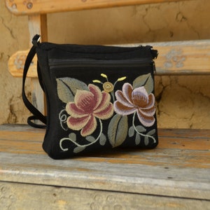 Handmade Mexican Floral Embroidered Black Over-the-shoulder Purse, Fairtrade, Women's Cooperative, Boho-Chic, image 3