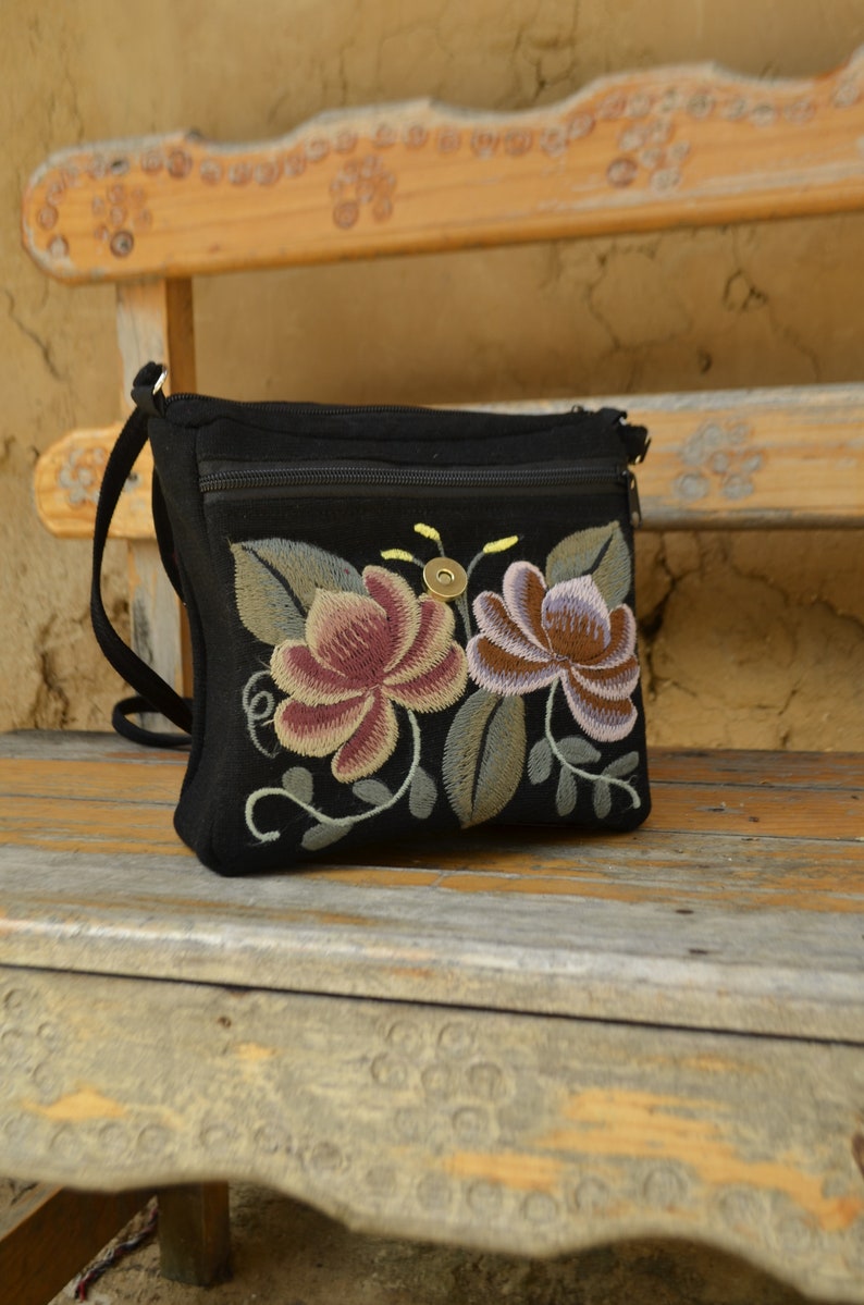 Handmade Mexican Floral Embroidered Black Over-the-shoulder Purse, Fairtrade, Women's Cooperative, Boho-Chic, image 3