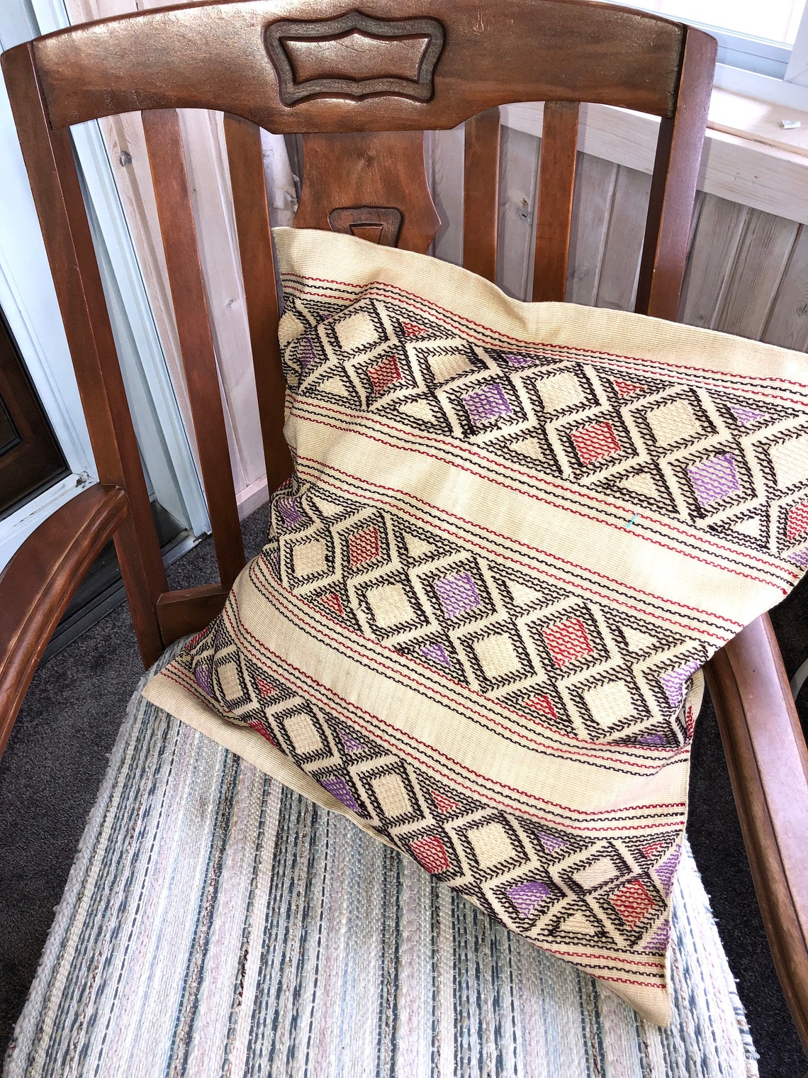 Handwoven and Embroidered Pillow Cover Beige With Red and Etsy