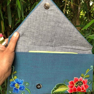 Embroidered floral envelope clutch, fairtrade, handmade in Chiapas Mexico by Mayan women's weaving cooperative image 2