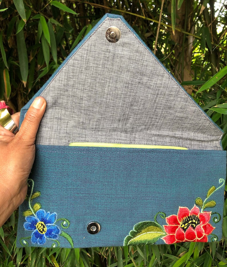 Embroidered floral envelope clutch, fairtrade, handmade in Chiapas Mexico by Mayan women's weaving cooperative image 2