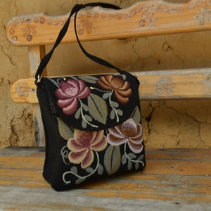 Handmade Mexican Floral Embroidered Black Over-the-shoulder Purse, Fairtrade, Women's Cooperative, Boho-Chic, image 1