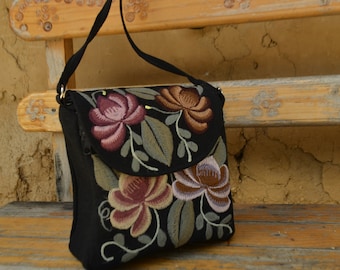 Handmade Mexican Floral Embroidered Black Over-the-shoulder Purse, Fairtrade, Women's Cooperative, Boho-Chic,
