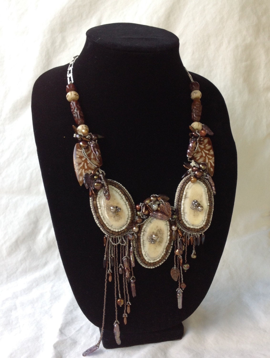 Bead Embroidered and Free Form Beaded Necklace in Neutral Colors Cream ...
