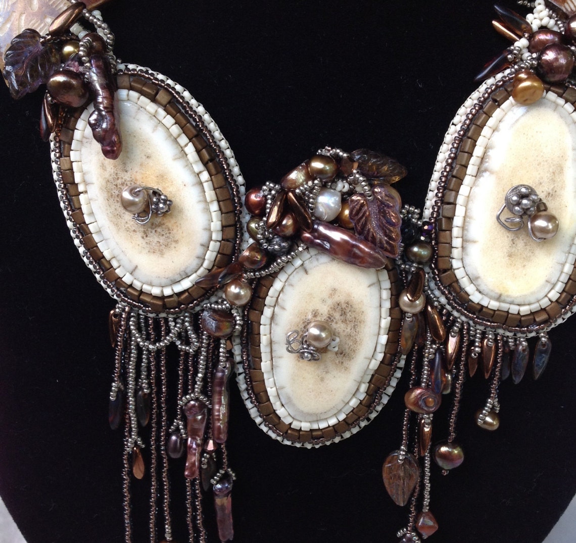Bead Embroidered and Free Form Beaded Necklace in Neutral Colors Cream ...
