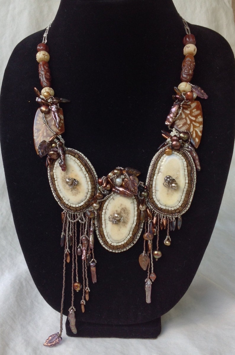 Bead Embroidered and Free Form Beaded Necklace in Neutral Colors Cream ...