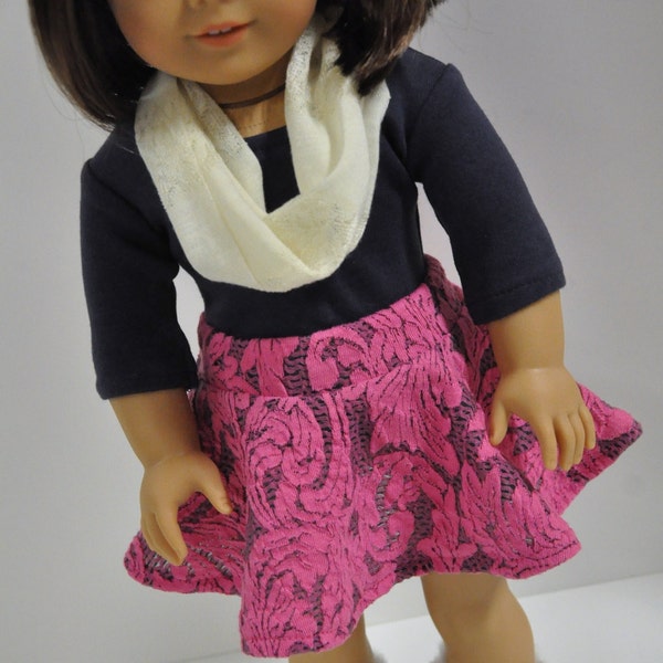 Pink Lace Look Skater Skirt with Navy Shirt and Infinity Scarf 18 inch Doll Clothes