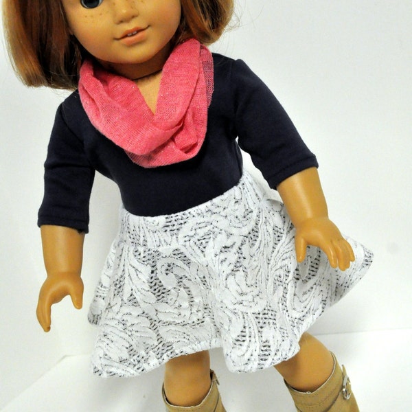 Cream Lace Look Skater Skirt with Navy Shirt and Infinity Scarf 18 inch Doll Clothes