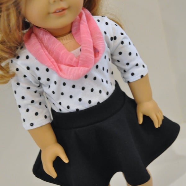 Black Skater Skirt with Polka Dot Shirt and Infinity Scarf 18 Inch Doll Clothes American made girl doll clothes
