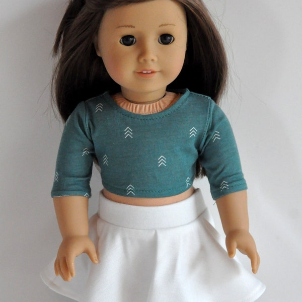 18 Inch Doll Clothes    Sage Green Crop Top with Arrows and Ivory/Cream Skater Skirt American Made Doll Clothes