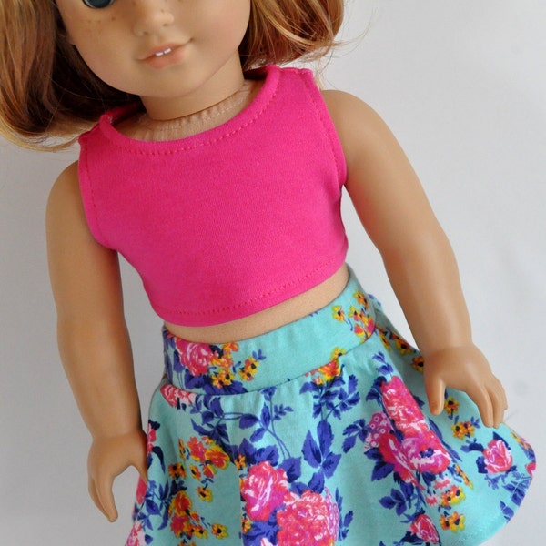 Floral Doll Outfit - Pink Doll Outfit - Doll Skater Skirt - 18 Inch Doll Skirt - 18 Inch Doll Crop Top - 18 Inch Doll Clothes