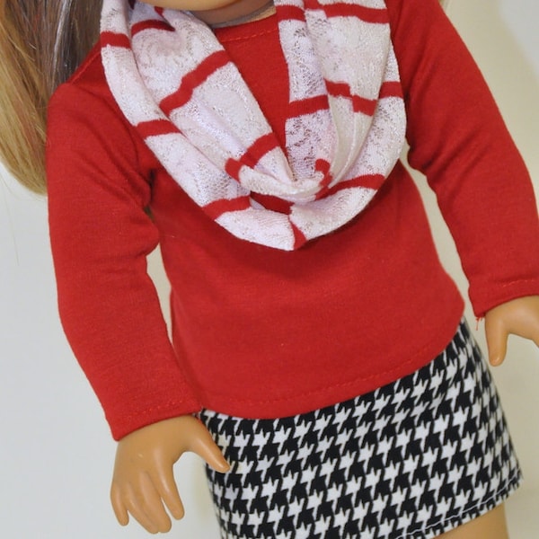 Black and White Houndstooth Mini Skirt with Red T-shirt and Infinity Scarf made to fit American Girl Doll 18 inch Doll Clothes