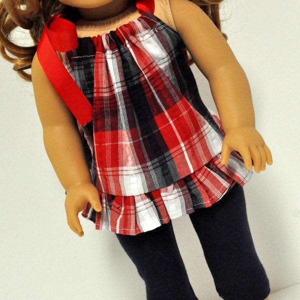 American Girl Doll Clothes Fourth of July Red, White and Blue Plaid  Top with Ruffle and Navy Blue Leggings 18 inch