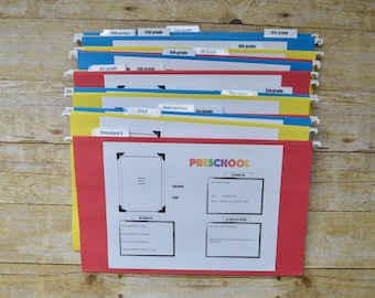 May include: A set of colorful hanging file folders labeled with grade levels from Preschool to 11th grade. The folders are organized in a stack with the Preschool folder on top. The folders are a great way to organize papers and documents.