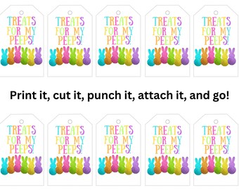 Pode incluir: Dez etiquetas de presente imprimíveis com uma fila de coloridos marshmallows peeps com o texto "Treats for my peeps!" impresso em cada etiqueta.